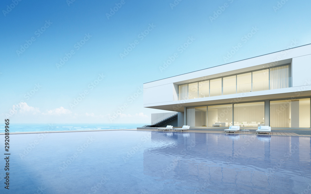 Architecture design of modern luxury house,Villa with wood terrace and swimming pool on sea view background,Idea of exterior. 3D rendering.