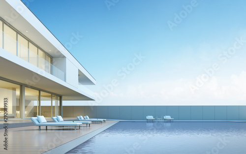 Architecture design of modern luxury house,Villa with wood terrace and swimming pool on sea view background,Idea of exterior. 3D rendering.