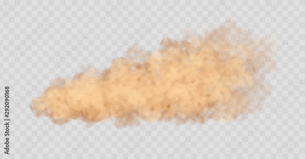 Dust cloud isolated on transparent background. Sand storm, beige powder explosion, desert wind concept. Realistic vector illustration. - obrazy, fototapety, plakaty 