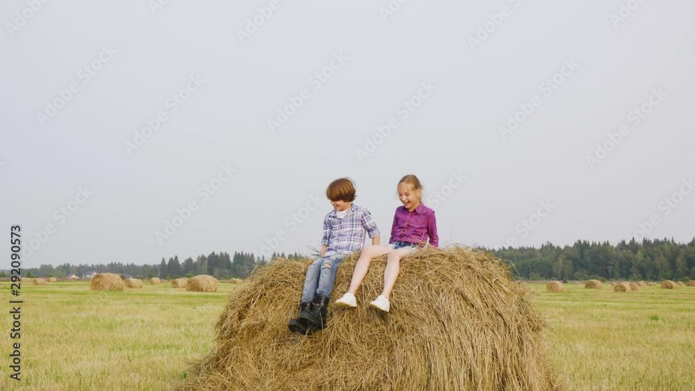 Joyful Couple Teens Jump Haystack Field Summertime. Happy Caucasian Children Stand Straw Coil Top. Cute Teenagers Casual Clothes Mow Crop Hay Bale Harvest Farm Landscape Distant Wood Background Joyful Couple Teens Jump Haystack Field Summertime. Happy Caucasian Children Stand Straw Coil Top. Cute Teenagers Casual Clothes Mow Crop Hay Bale Harvest Farm Landscape Distant Wood Background