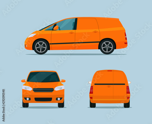Cargo minivan set. Сargo minivan with side, front and back view. Vector flat style illustration.