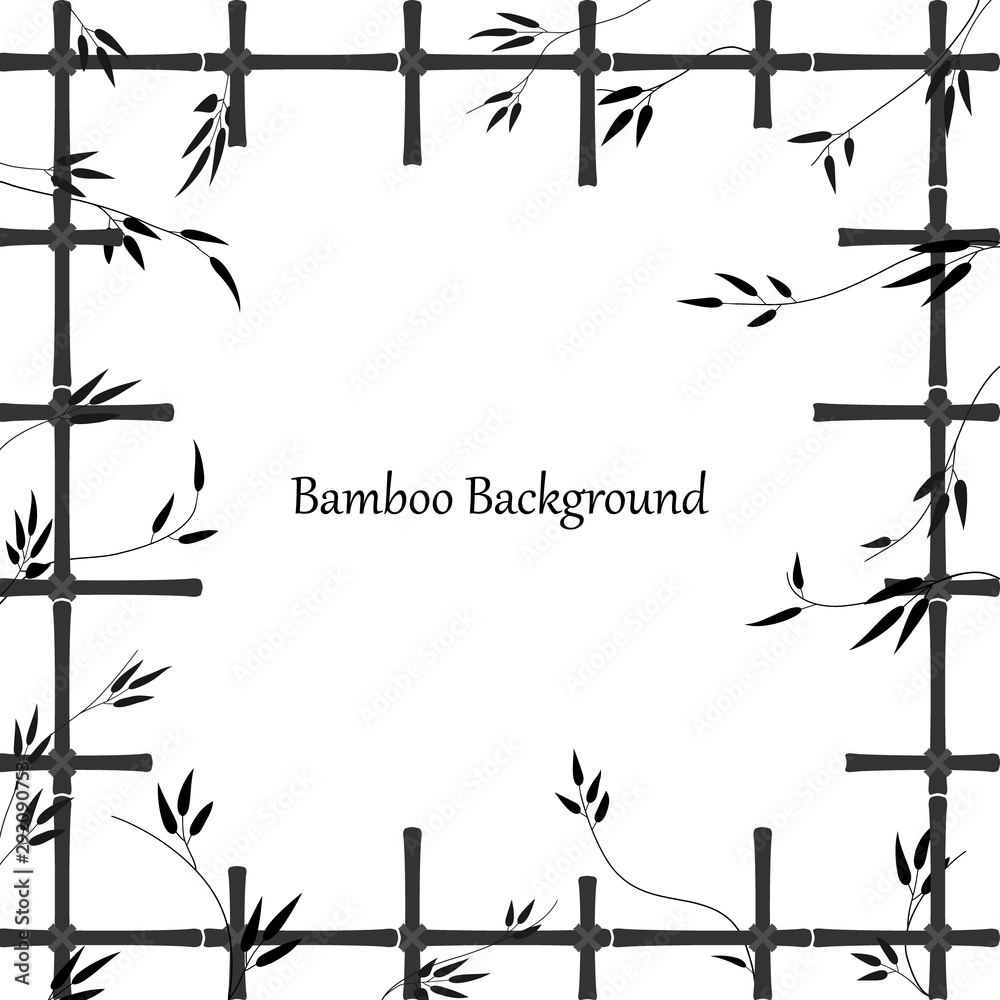 Obraz premium Bamboo background in the form of a window made of bamboo sticks. Black pattern of trellis and bamboo branches with leaves. Frame made of bamboo lattice with an empty place for an inscription.