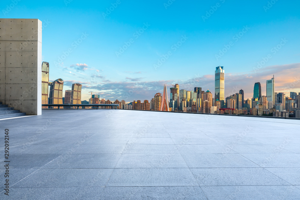 Empty square floor and cityscape with buildings in Chongqing at sunset,China.