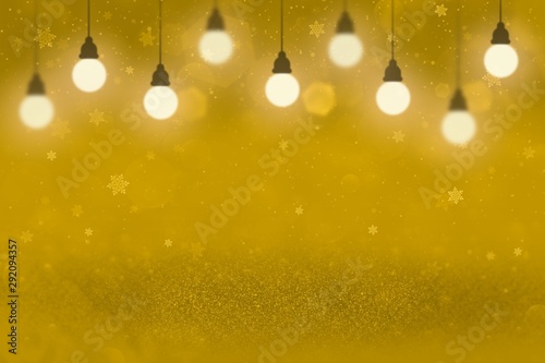 orange cute shiny glitter lights defocused bokeh abstract background with light bulbs and falling snow flakes fly, festive mockup texture with blank space for your content