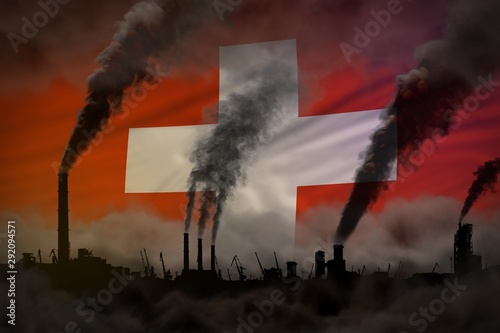 Dark pollution, fight against climate change concept - plant chimneys dense smoke on Switzerland flag background - industrial 3D illustration