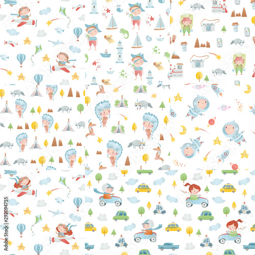 Set of seamless patterns with funny children. Adventure time.