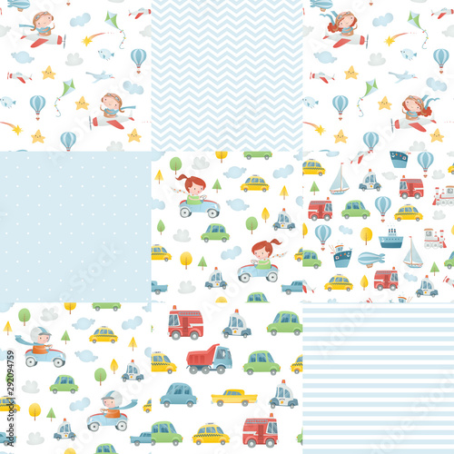 Set of seamless patterns with funny children. Cars and planes. Little pilots and drivers.