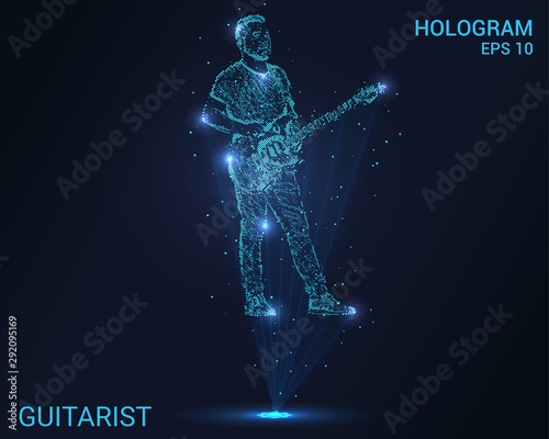 The hologram guitarist. Holographic projection guitarist. Flickering energy flux of particles. Scientific design music.