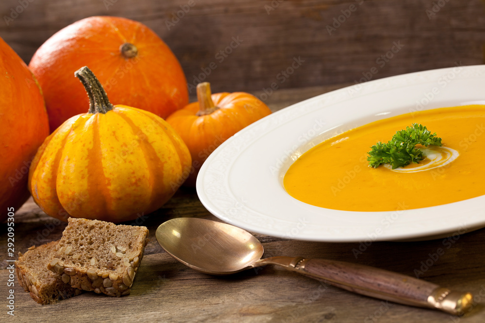 Rustic Pumpkin Soup And Pumpkins