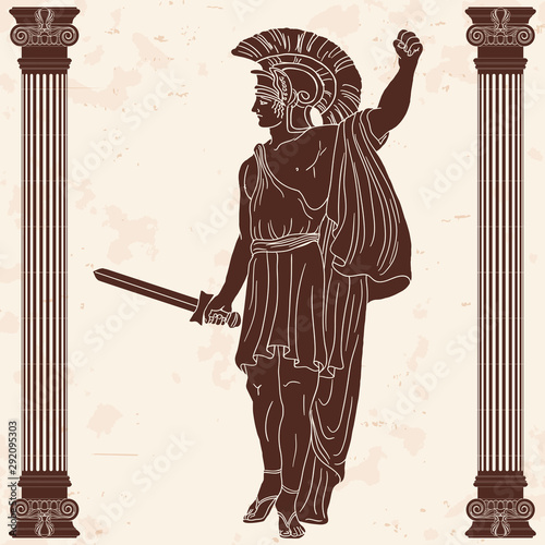An ancient Greek warrior in a helmet with a sword in his hand goes holding his hand up.
