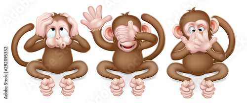The monkeys from the saying see, hear and speak no evil cute cartoon characters.