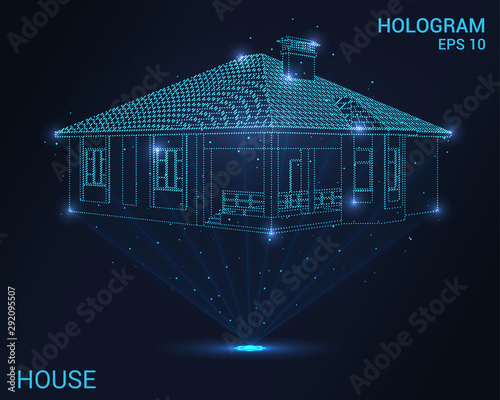 Hologram house. Holographic projection of the house. Flickering energy flux of particles.