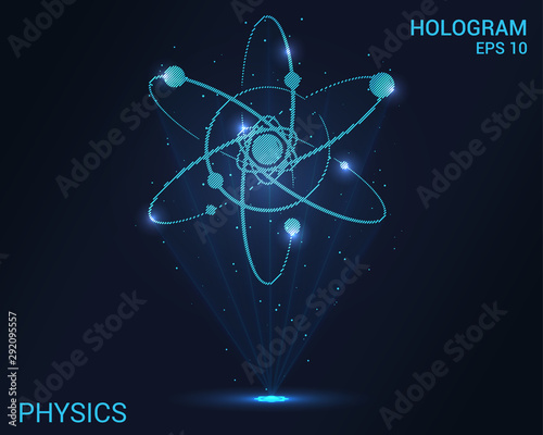 Hologram physics. Holographic projection of atoms. Flickering energy flux of particles. Scientific design is science.