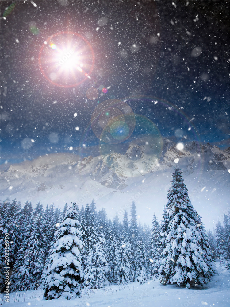 Fototapeta premium Majestic winter landscape with snowy fir trees. Winter postcard.