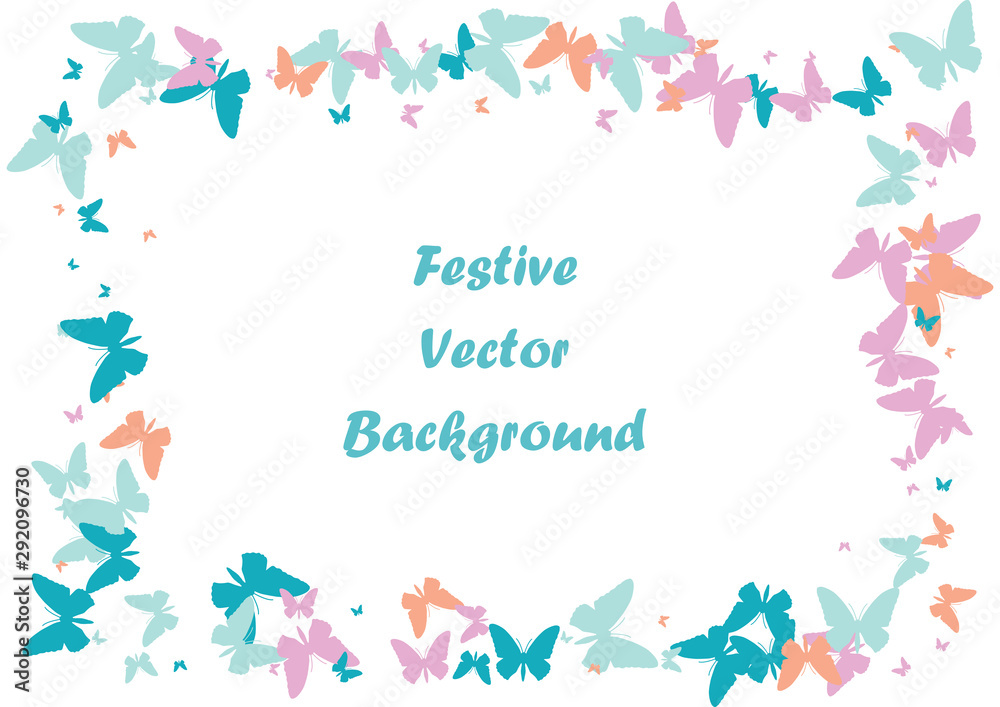 Festive butterfly confetti background. Frame vector pattern texture for holiday, postcard, poster, carnival, banner, birthday and children's parties. Butterfly cover mock-up. Wedding butterfly layout Festive butterfly confetti background. Frame vector pattern texture for holiday, postcard, poster, carnival, banner, birthday and children's parties. Butterfly cover mock-up. Wedding butterfly layout