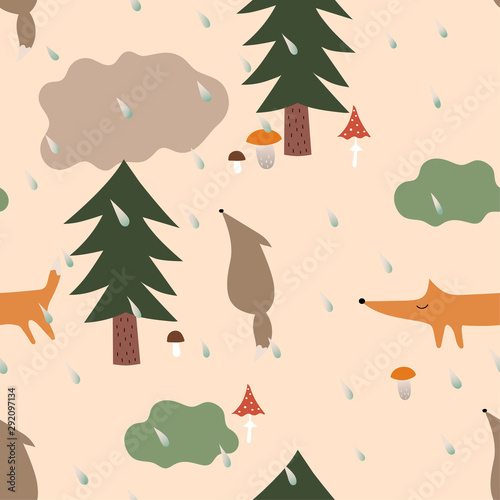 Cute seamless autumn vector pattern with foxes  in the  rainy forest. Pattern with mood of rainy forest trees mushrooms and foxes . For dresses textiles  wallpapers  designer paper  etc