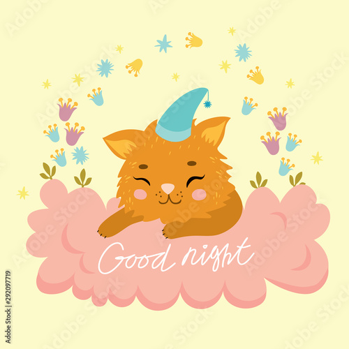 Vector postcard sleeping cat on a cloud, good night