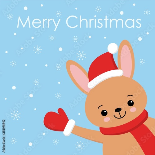 Cute rabbit card. Santa Claus hat on bunny vector illustration. New Year square banner with smiling bunny. Winter holiday package design. Flat forest animal.