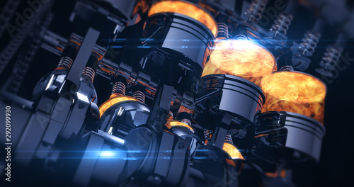 Power Hungry V8 Engine With Explosions. Pistons And Other Mechanical Parts - 3D Illustration Render
