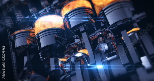 Power Hungry V8 Engine With Explosions. Pistons And Other Mechanical Parts - 3D Illustration Render