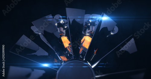 Fototapeta Naklejka Na Ścianę i Meble -  High Tech Fuel Injected V8 Engine. Pistons And Other Mechanical Parts - 3D Illustration Render