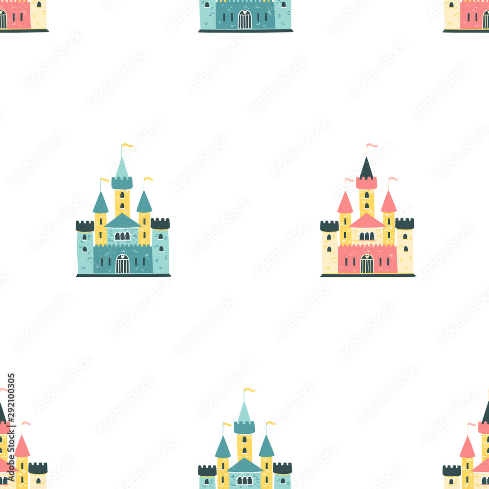 Naklejka premium The palaces of the princess. Vector seamless pattern in cartoon scandinavian style. Colorful royal castles on a white background. Ideal for textiles, wallpaper, wrapping paper.