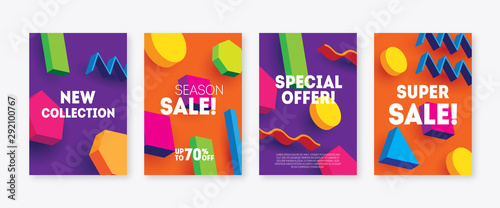 3d sale flyers set. Bright sale banners with geometric shapes