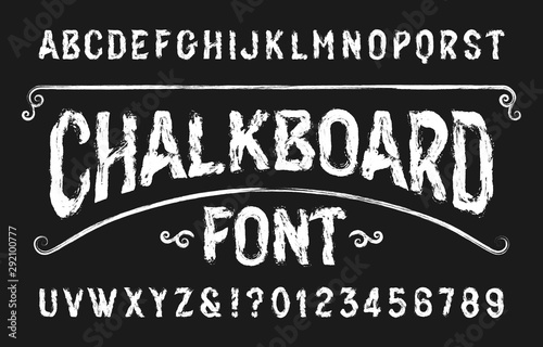 Chalkboard alphabet font. Handwritten retro letters and numbers. Stock vector typeface.