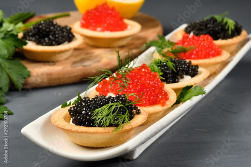 tartlets with red and black caviar on a white plate with lemon on a gray background. Close-up