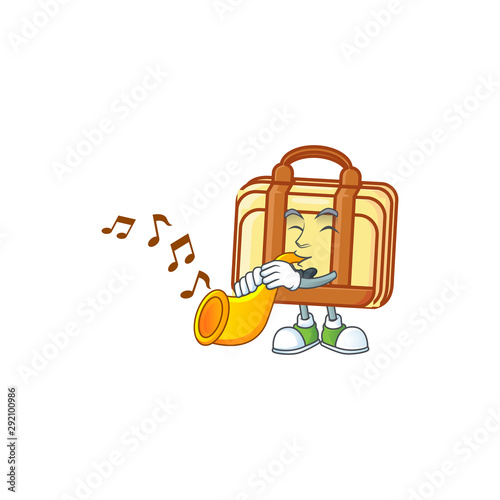 With trumpet work suitcase cartoon character with mascot