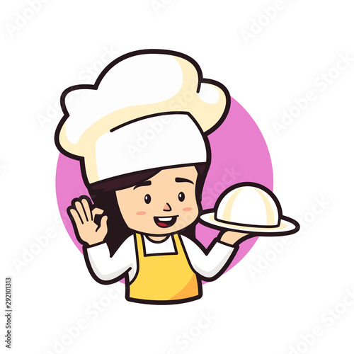 Cute chibi girl holding silver platter, logo mascot illustration