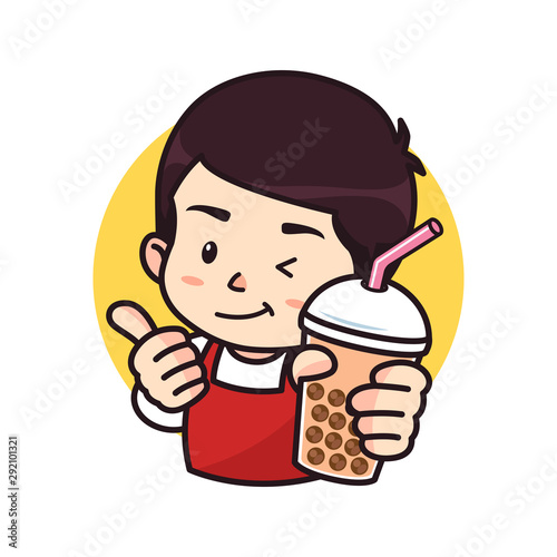 Cute chibi boy presenting bubble tea, logo mascot illustration ...