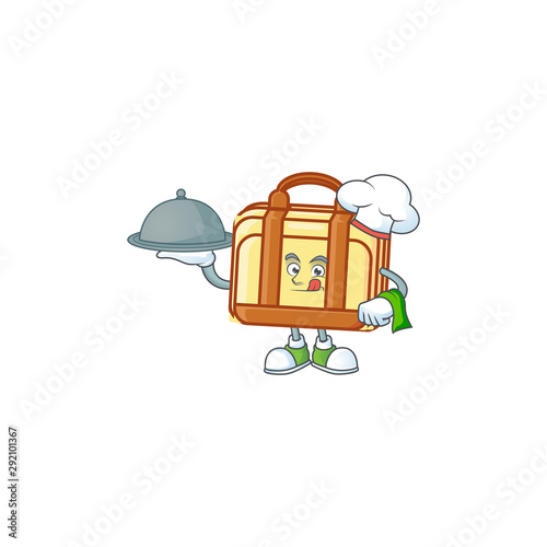 Chef with food work suitcase cartoon character with mascot