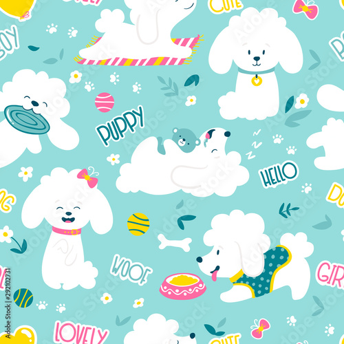 Puppies Seamless pattern . Funny white little poodle dogs in a daily routine. Vector illustration on a blue background with cute words.