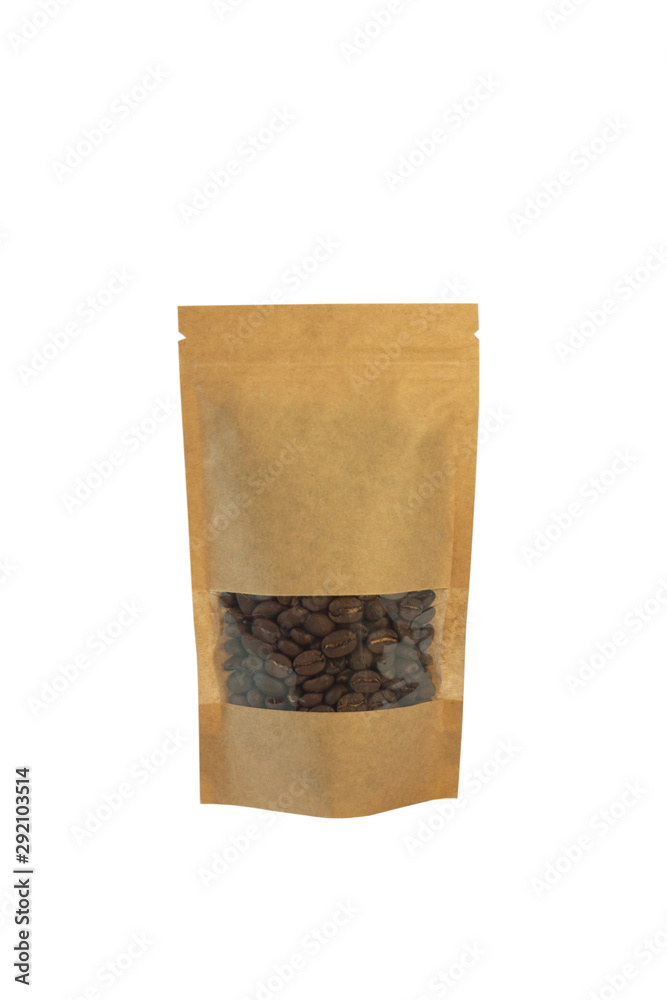 Brown kraft paper pouch bag with coffee beans front view isolated on a  white background. Packaging