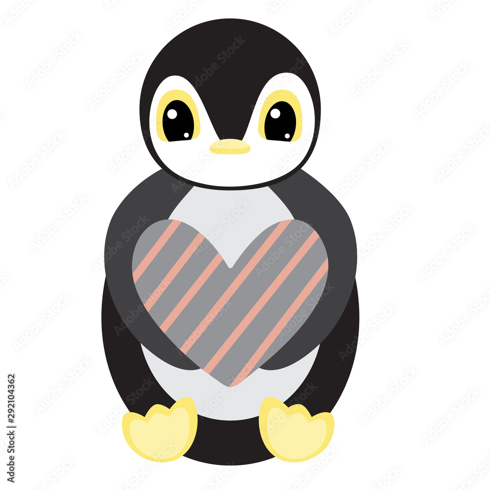Christmas penguin with gift. New year 2021. Element for logo, game, print, poster or other design project. Vector illustration.