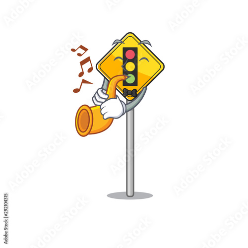 With trumpet traffic light ahead in shape mascot photo