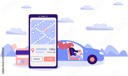Car sharing concept. The driver woman rented a car through a mobile application by paying a rental with contactless payment technology. Flat vector illustration.