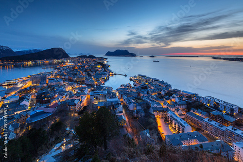 Amazing scenery of Alesund town at dusk in west Norway