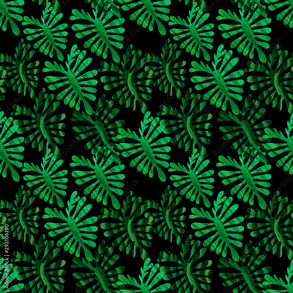 Abstract tropical leaves with green colors texture drawn on a dark background