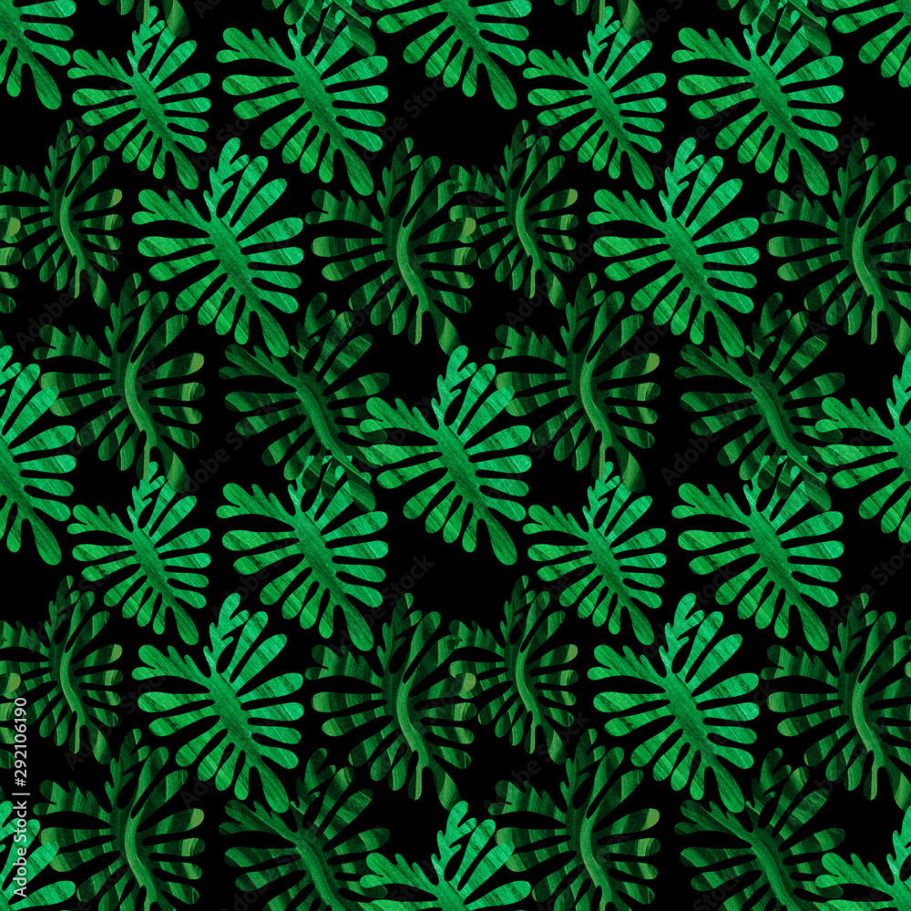 Abstract tropical leaves with green colors texture drawn on a dark background Abstract tropical leaves with green colors texture drawn on a dark background