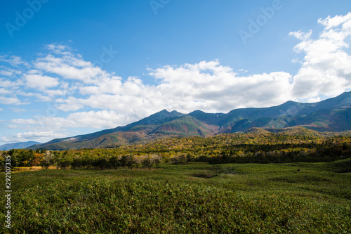 秋の知床 朝の紅葉の知床の原野と知床連山（北海道・斜里町）