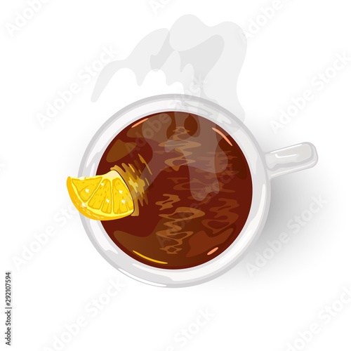 Black traditional black tea in white ceramic cup with slice of lemon. Aromatic beverage prepared by pouring hot or boiling water over cured leaves. Darjeeling, Indian drink. Vector cartoon. Top view.