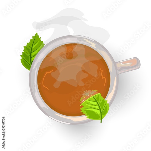Herbal golden aromatic natural tea in porcelain white cup with smoke. Hot freshly brewed drink with leaves of mint. Top view. Vector cartoon illustration isolated on white background.