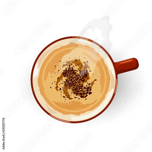 Aromatic, invigorating, eye opened coffee with foam in red porcelain cup. Top view. Latte, Cappuccino or Espresso. Brown drink giving energy and joy. Vector cartoon illustration isolated on white.