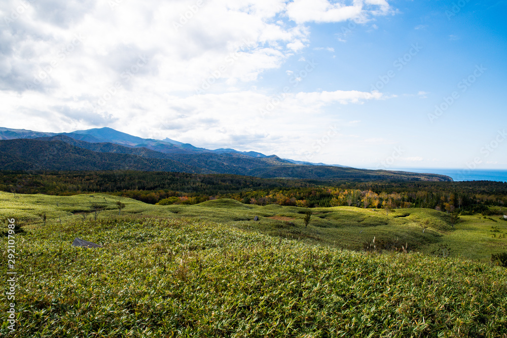 秋の知床　紅葉の知床の原野（北海道・斜里町）