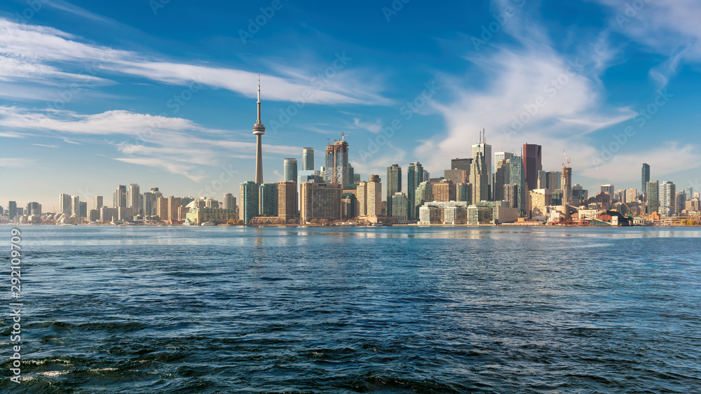 Skyline of Toronto with CN Tower over Ontario Lake