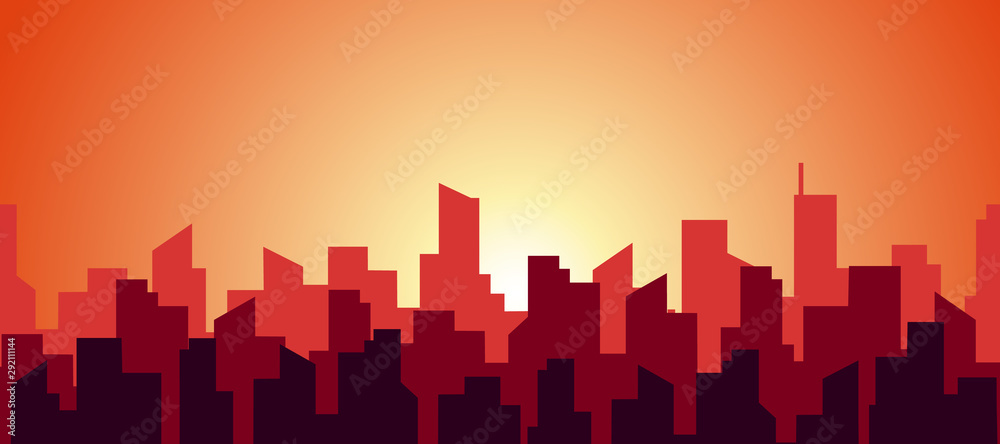Seamless panorama of a hot morning in a big city. The silhouette of the roofs of skyscrapers in red and orange warm sunny color. Vector abstract flat endless illustration