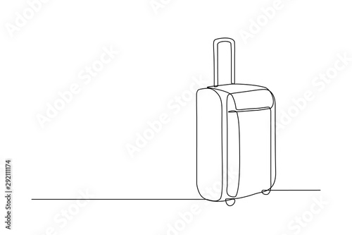 Travel suitcase in continuous line drawing style. Luggage valise with wheels and retractable handle black line sketch on white background. Vector illustration