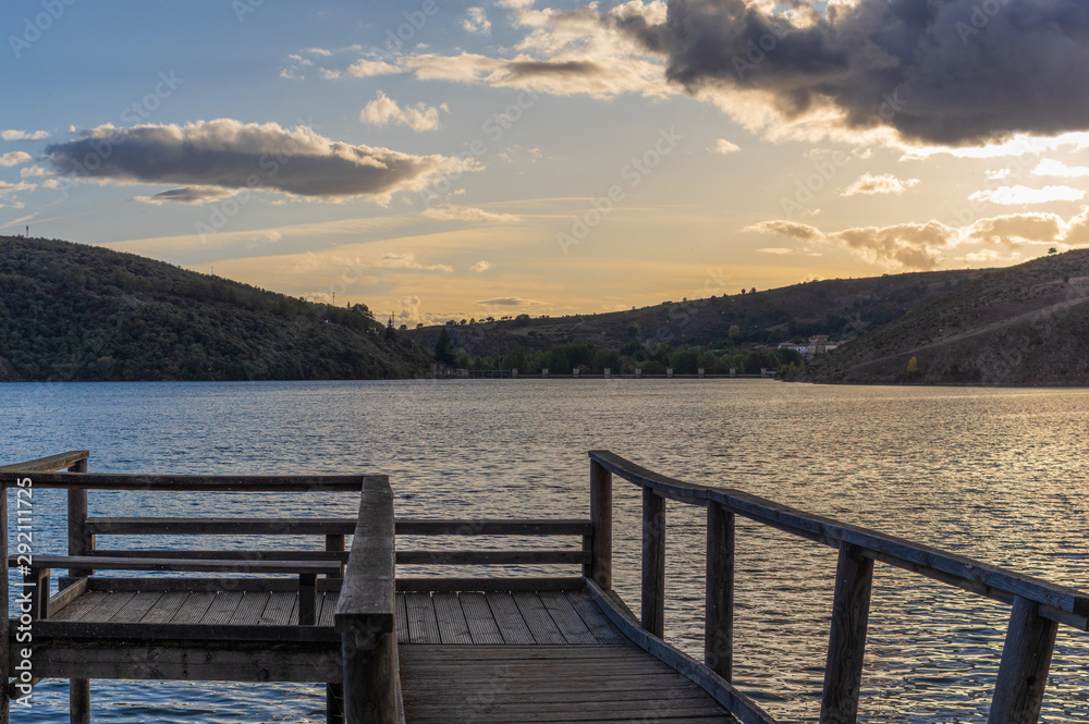Reservoir of Sega de Ordas in Leon, Spain. Full of water during the sunset Reservoir of Sega de Ordas in Leon, Spain. Full of water during the sunset
